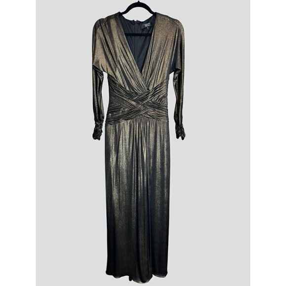 Tadashi Shoji Ellery Metallic Gold Draped Long Sleeve Jersey Gown Sz S Designer - Picture 1 of 9